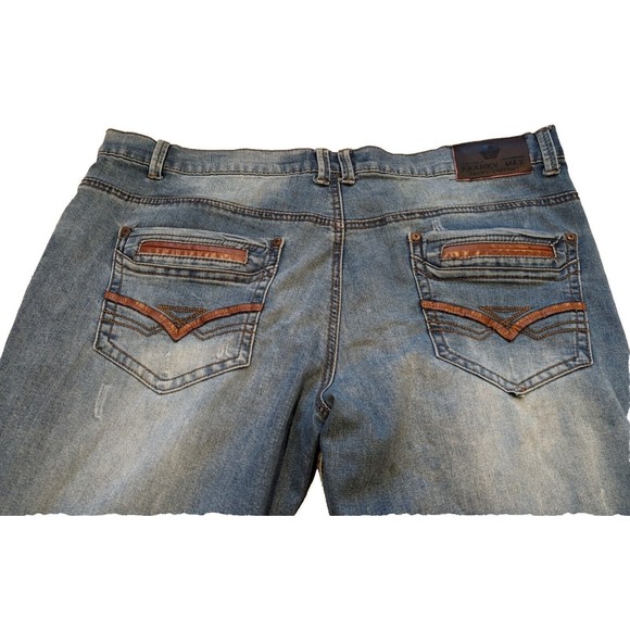Franky Max Distressed Denim Blue Jeans 38x32 Embroidered Pockets Leather Trim - Picture 7 of 14